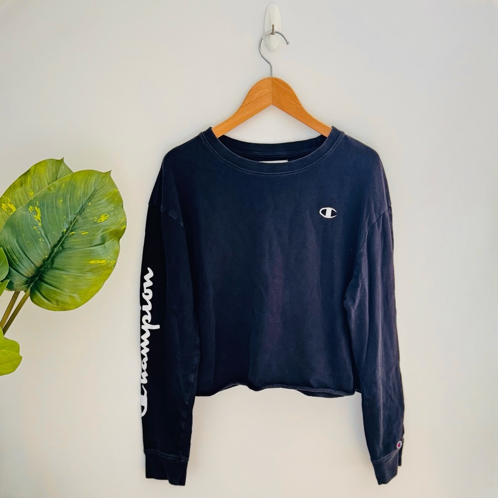 CHAMPION | Black And White Cropped Crewneck Long Sleeve Tee Size Small